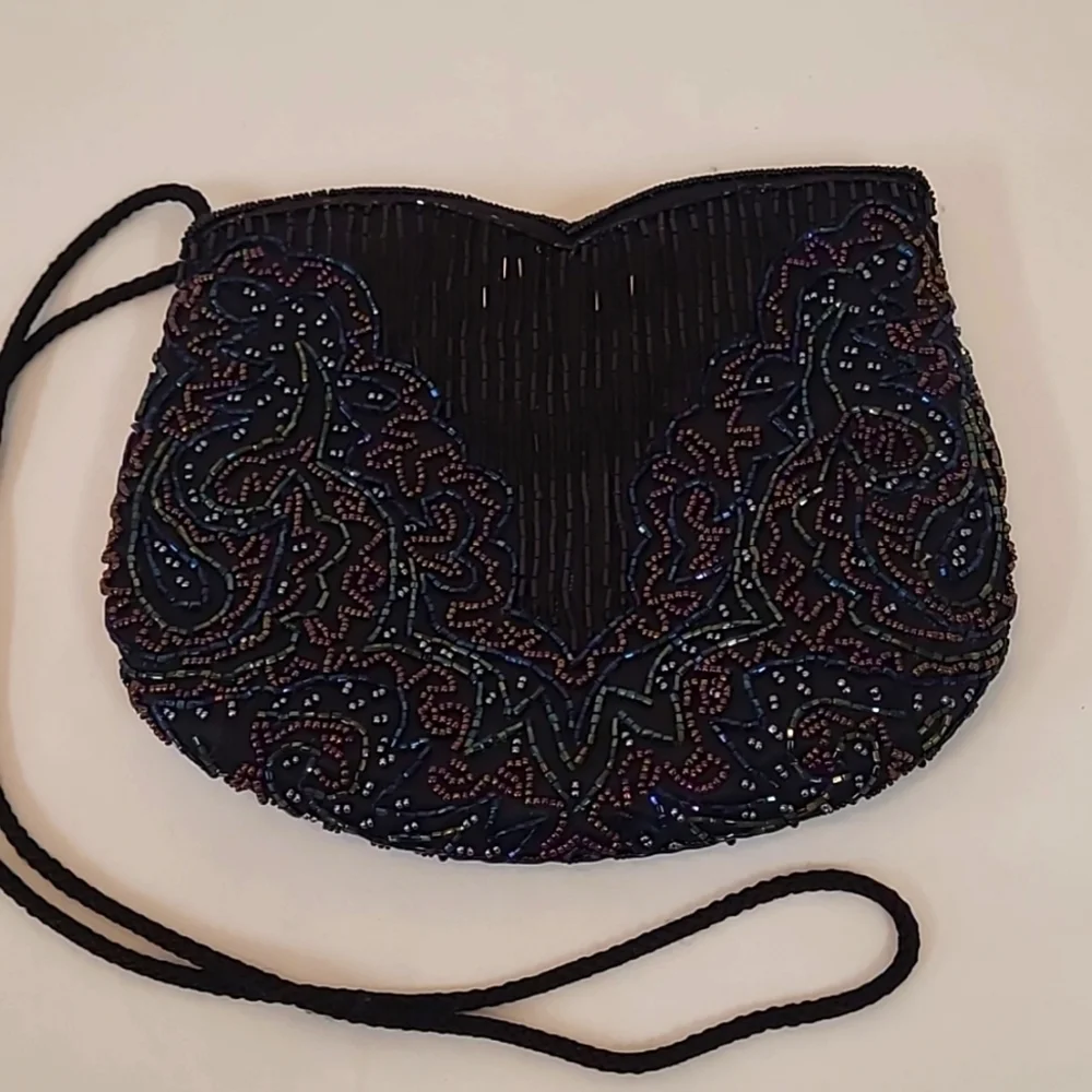 Carla Marchi Hand Beaded Vintage Purse Satin Lining Snap Closure Braided Strap